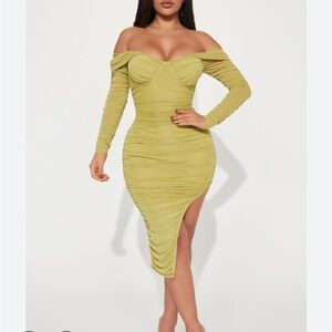 Fashion Nova High Low Off-Shoulder Dress in Olive